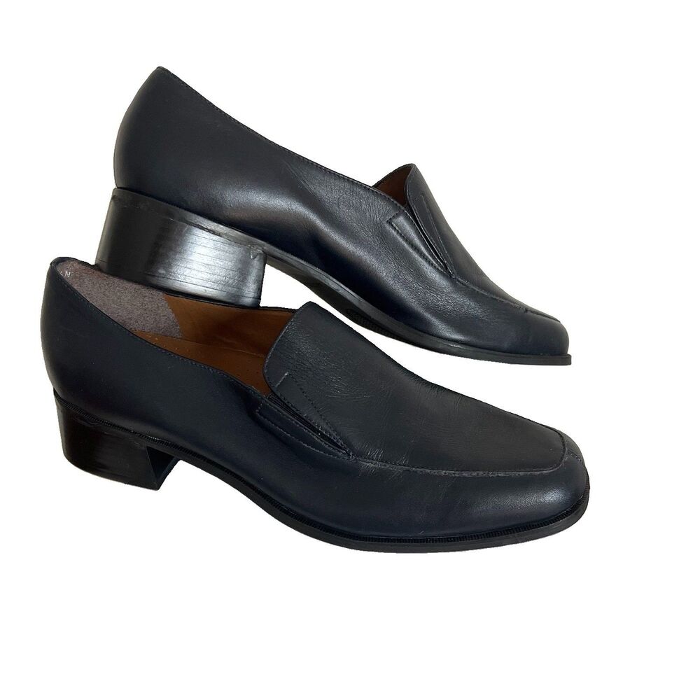 Naturalizer Navy Women 9.5 N Leather Loafer Square Toe Block Heel Pumps Slip-On